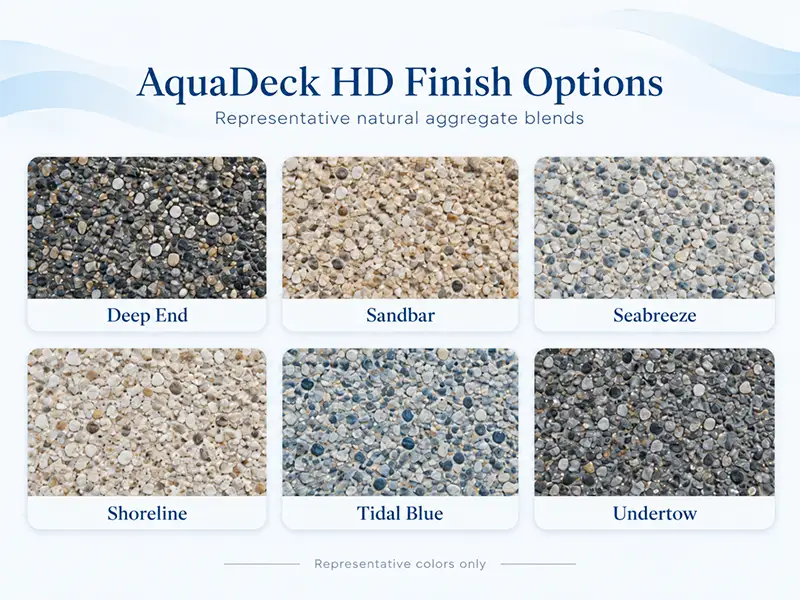 Representative AquaDeck HD natural aggregate finish chart showing Deep End, Sandbar, Seabreeze, Shoreline, Tidal Blue, and Undertow