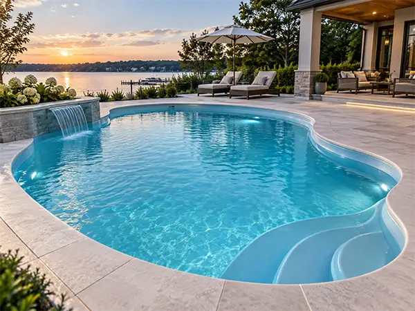 Fiberglass swimming pool resurfaced with an ecoFINISH polyFIBRO coating