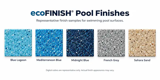 ecoFINISH Pool Finish Options | Pool Tech Surfacing Representative ecoFINISH pool finish samples including Blue Lagoon, Mediterranean Blue, Midnight Blue, French Grey, and Sahara Sand