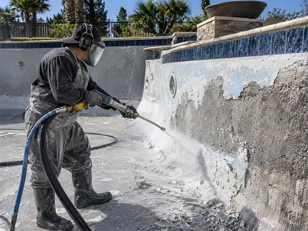 Technician hydroblasting an empty swimming pool wall to remove old plaster during surface preparation