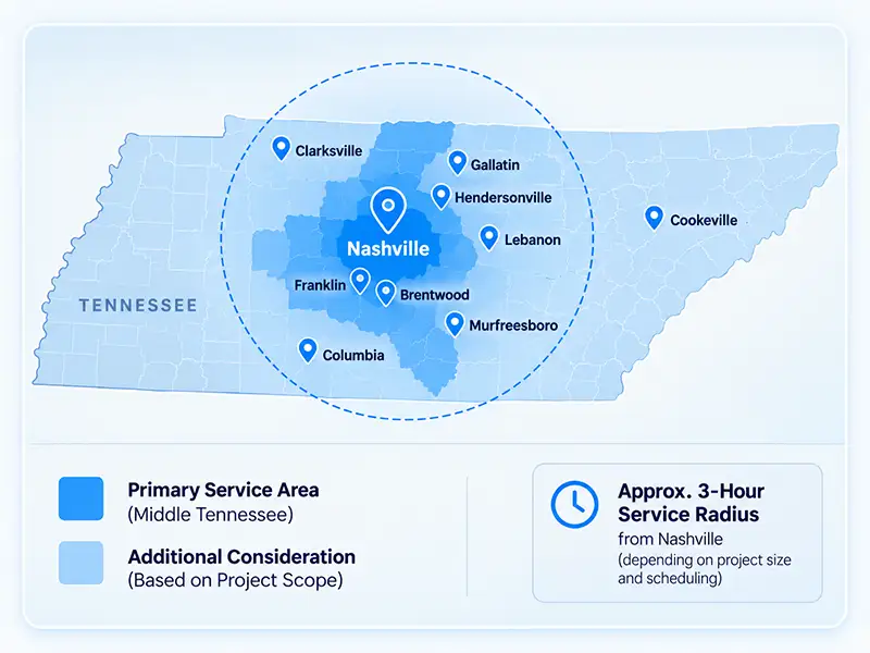 Nashville & Middle Tennessee Service Area Map Map showing Pool Tech Surfacing service area in Nashville and Middle Tennessee, including a three-hour drive radius from Nashville
