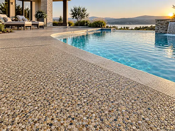 Representative natural aggregate pool deck finish illustrating an Optus Resin AquaDeck HD-style surface