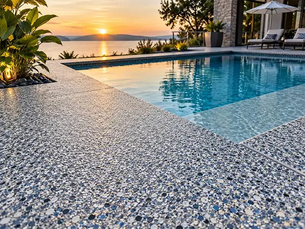 Representative decorative flake pool deck finish illustrating an Optus Resin AquaDeck-style surface