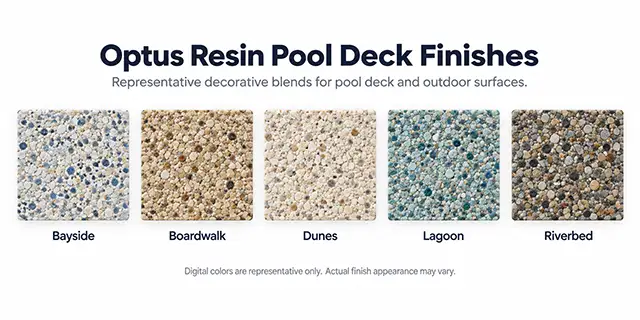 Optus Resin Pool Deck Finish Options | Pool Tech Surfacing Representative Optus Resin pool deck finish samples including Bayside, Boardwalk, Dunes, Lagoon, and Riverbed