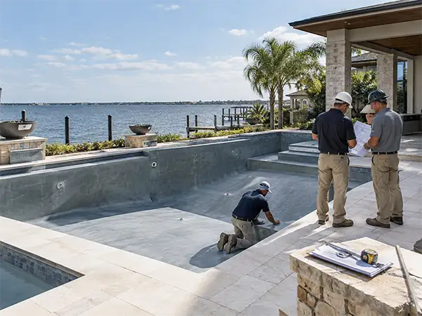 Pool professionals reviewing an empty swimming pool renovation project