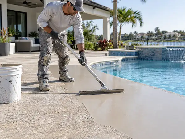 Pool deck technician professionally applying a new surface coating around a swimming pool