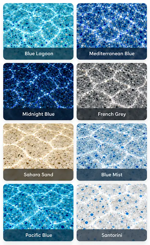 Portrait graphic showing eight representative pool finish swatches labeled Blue Lagoon, Mediterranean Blue, Midnight Blue, French Grey, Sahara Sand, Blue Mist, Pacific Blue, and Santorini