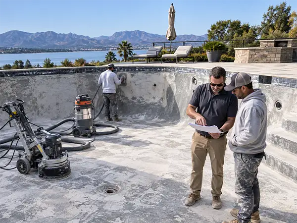 Pool professionals reviewing an empty swimming pool surface preparation project