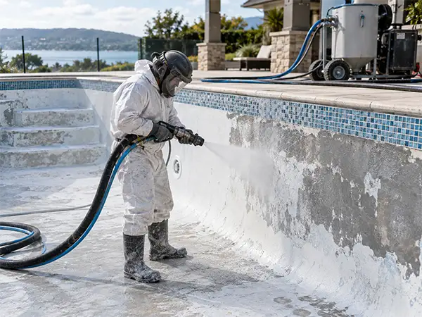 Pool technician performing professional swimming pool surface preparation