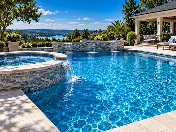 Backyard Pool & Outdoor Living in Middle Tennessee Finished backyard swimming pool and outdoor living space in Middle Tennessee