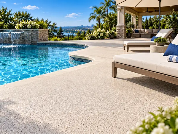 Pool Deck Resurfacing in Nashville, TN – Optus Resin Resurfaced pool deck with decorative Optus Resin coating in Nashville, Tennessee