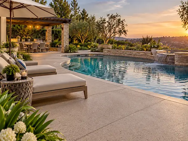 Finished residential pool deck surrounding a luxury swimming pool and outdoor living area
