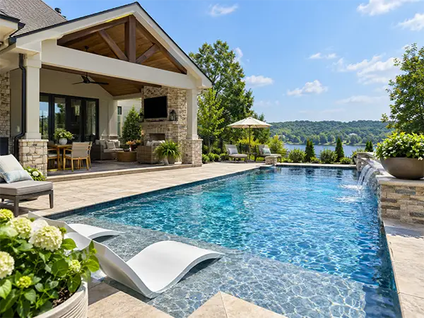 Luxury residential swimming pool and outdoor living area in Middle Tennessee